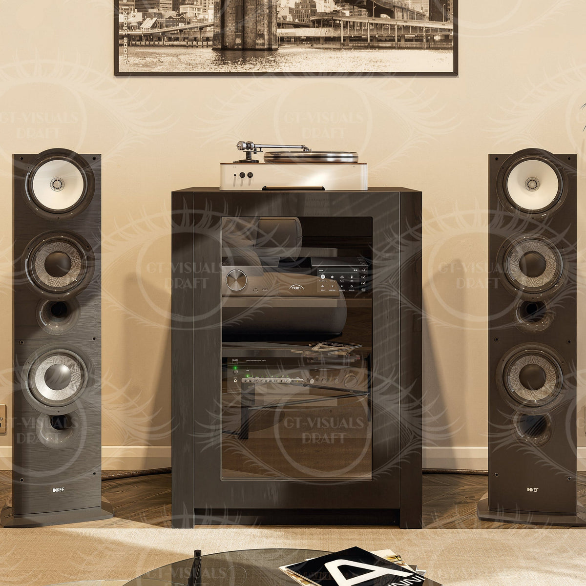 AV Cabinets in wood by Audinni with walnut finish and glass door