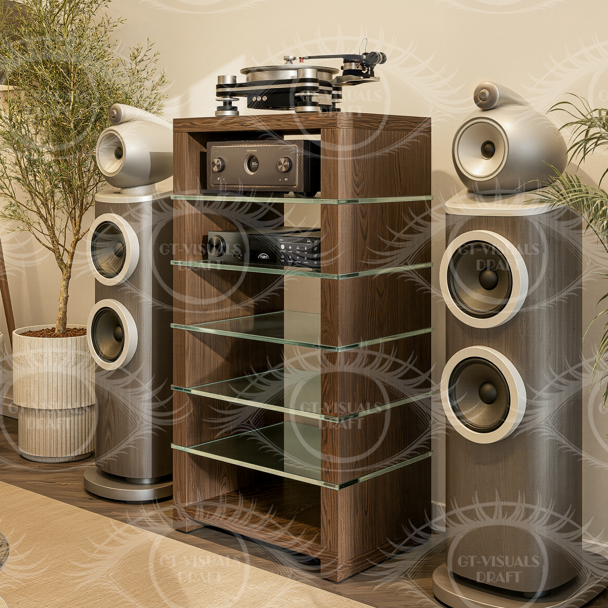 A high-end wooden audio equipment cabinet with glass shelves, holding a turntable and receiver, flanked by two matching floorstanding speakers in a styled living room setting.