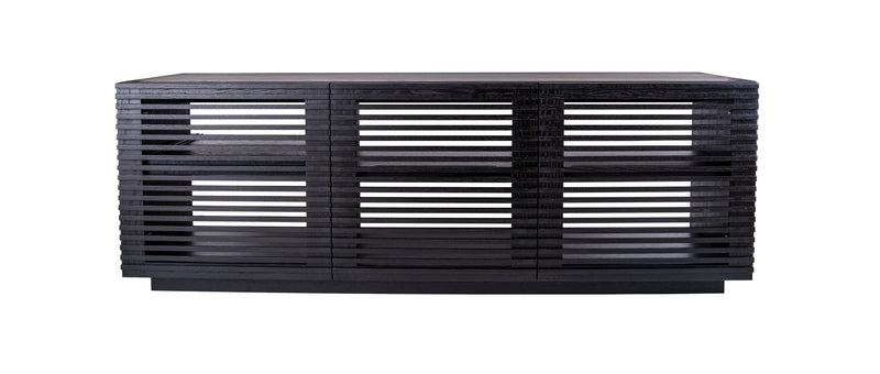 Linear Trio Large AV Cabinet in black wood finish, with three compartments and an open-back design on white background