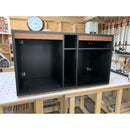 Rear view of Gravity Duo TV Stand in dark wood with shelves - Audinni