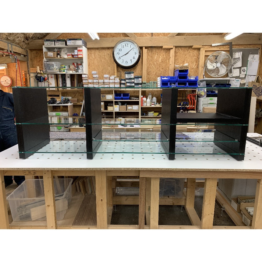SUPERSTAX Glass Hi Fi TV Stand Unit in black wood with clear glass shelves - Audinni