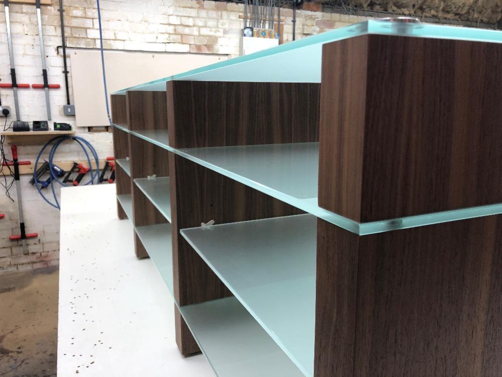 SUPERSTAX Glass Hi Fi TV Stand with dark wood and frosted glass shelves- Audinni