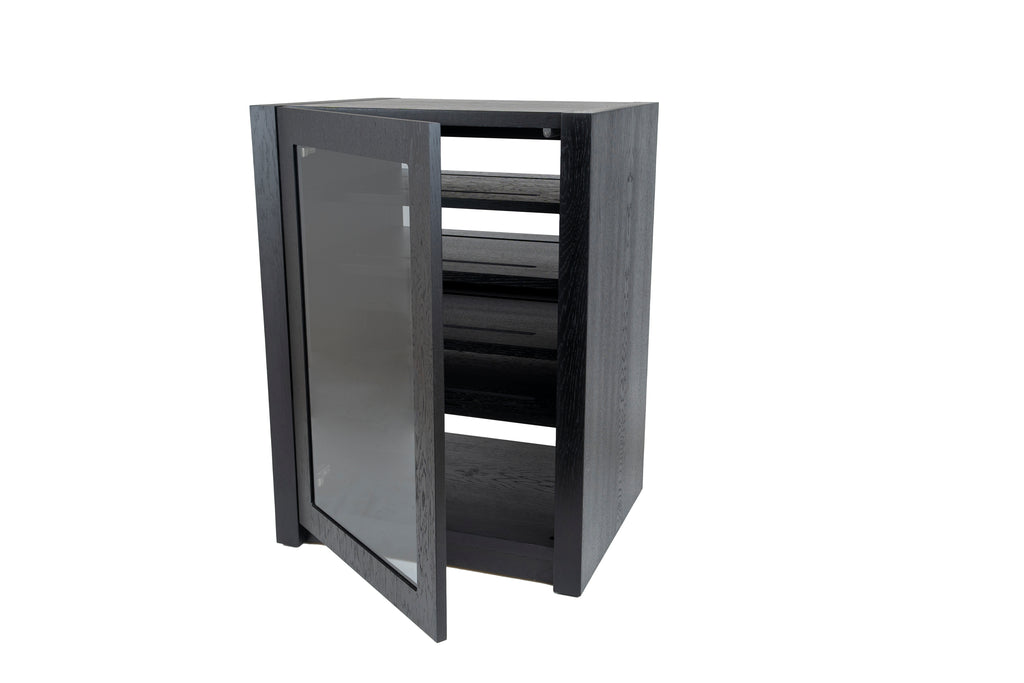 Aveos Alto AV Furniture Cabinet and Hi Fi Unit with dark walnut wood and open glass door
