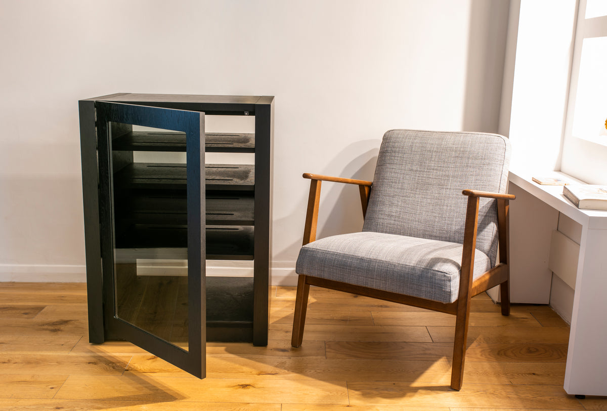 Aveos Alto Hi Fi AV Cabinet in handmade wood in walnut with glass door.