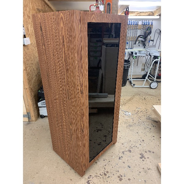 bespoke made glass and dark wood cabinet